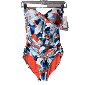 Anne Cole‎ Floral  Twist Front Shirred Bandeau ONE Piece, Size 14